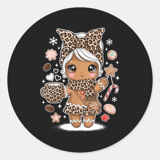 Cute Gingerbread Leopard Christmas Xmas Girl Women Runder Aufkleber (Vorderseite)