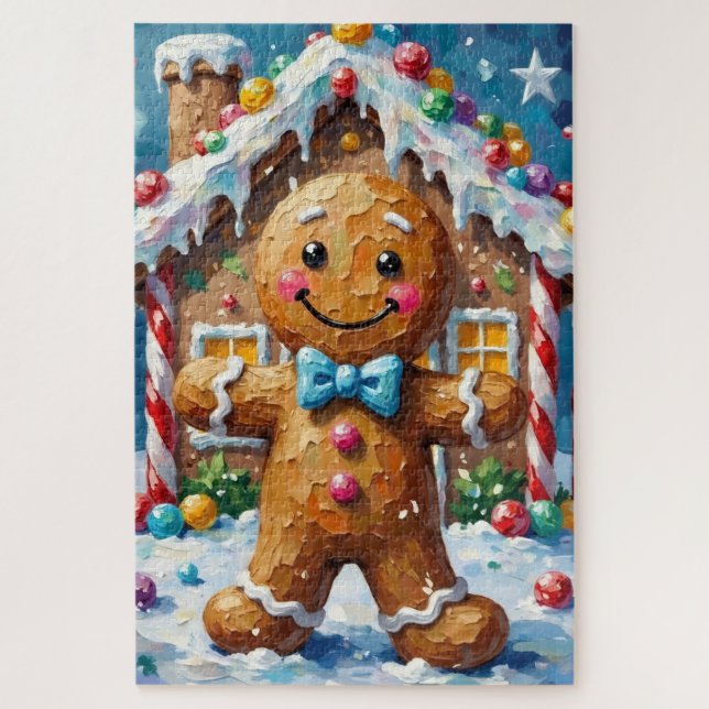 Cute Gingerbread Man Cheerful Christmas Cookie Art Puzzle (Vertikal)
