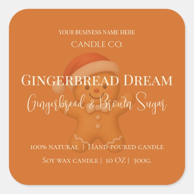 Cute Gingerbread Man Christmas Candle Label Quadratischer Aufkleber (Vorderseite)