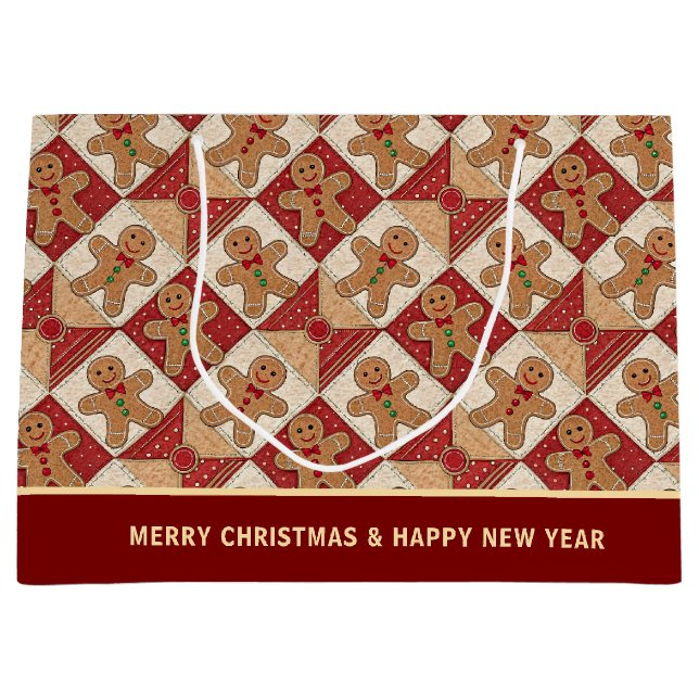 Cute Gingerbread Man Patchwork Pattern Custom Große Geschenktüte (Vorderseite)