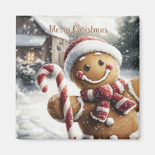 Cute Gingerbread Man with Candy Cane Magnet (Vorne)
