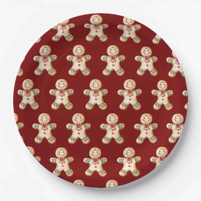 Cute Gingerbread Red Christmas Paper Plate Pappteller (Vorderseite)