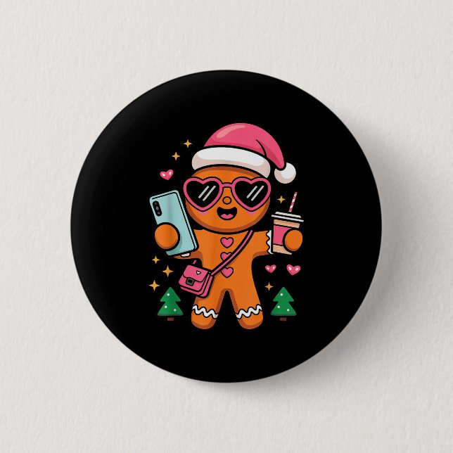 Cute Gingerbread Taking Selfie Christmas Pajama To Button (Vorderseite)