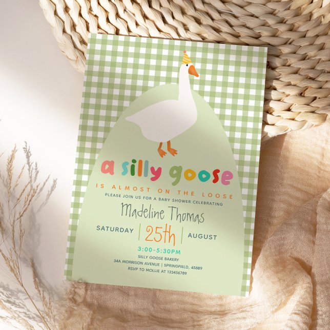 Cute Gingham Neutral Silly Goose Baby Shower  Einladung (Von Creator hochgeladen)