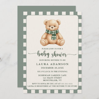 Cute Gingham Plaid Teddy Bear Winter Baby Shower Einladung