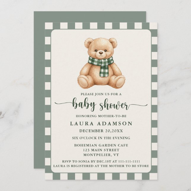 Cute Gingham Plaid Teddy Bear Winter Baby Shower Einladung (Vorne/Hinten)