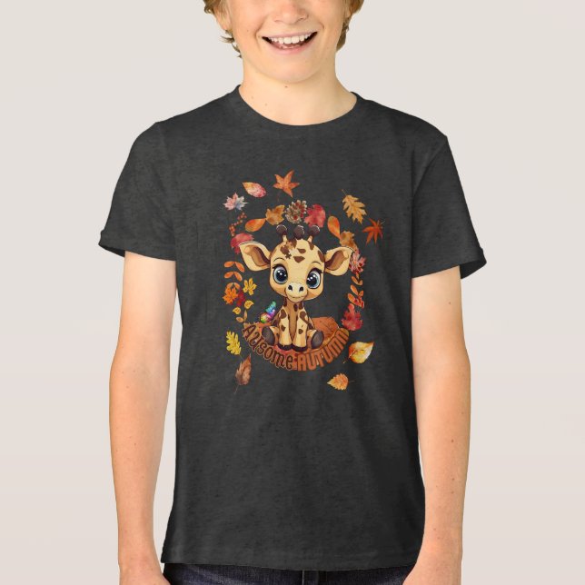 Cute Giraffe “Autism Awesome Autumn” Tri-Blend Shirt (Vorderseite)