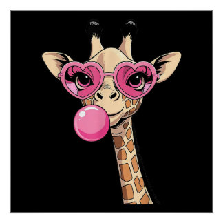 Cute Giraffe Blowing Pink Bubble Gum Sunglasses Poster