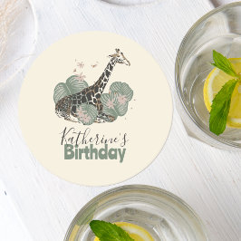 Cute Giraffe Botanical Animal Birthday Party Runder Pappuntersetzer