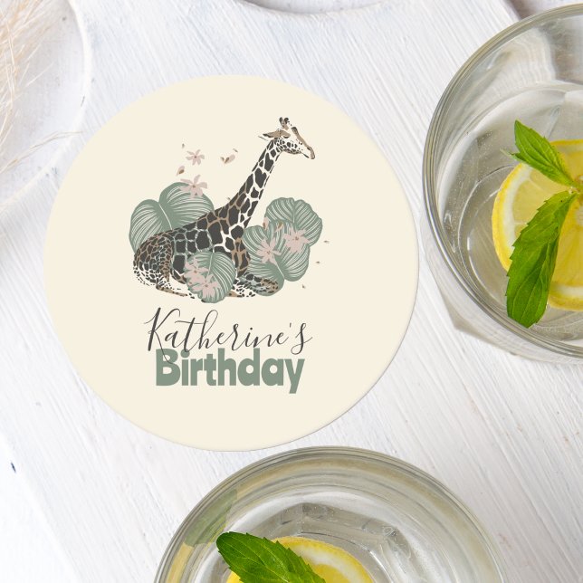 Cute Giraffe Botanical Animal Birthday Party Runder Pappuntersetzer (Von Creator hochgeladen)