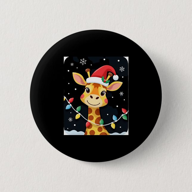 Cute Giraffe Christmas Lights Santa Hat Xmas Pajam Button (Vorderseite)