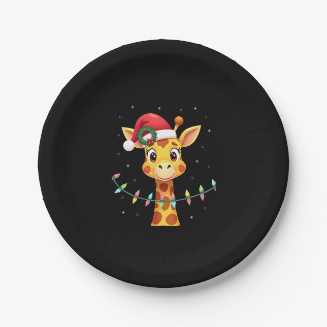 Cute Giraffe Christmas Lights Santa Hat Xmas Pajam Pappteller (Vorderseite)
