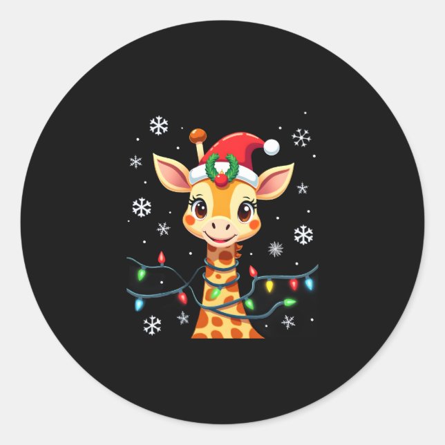 Cute Giraffe Christmas Lights Santa Hat Xmas Pajam Runder Aufkleber (Vorderseite)