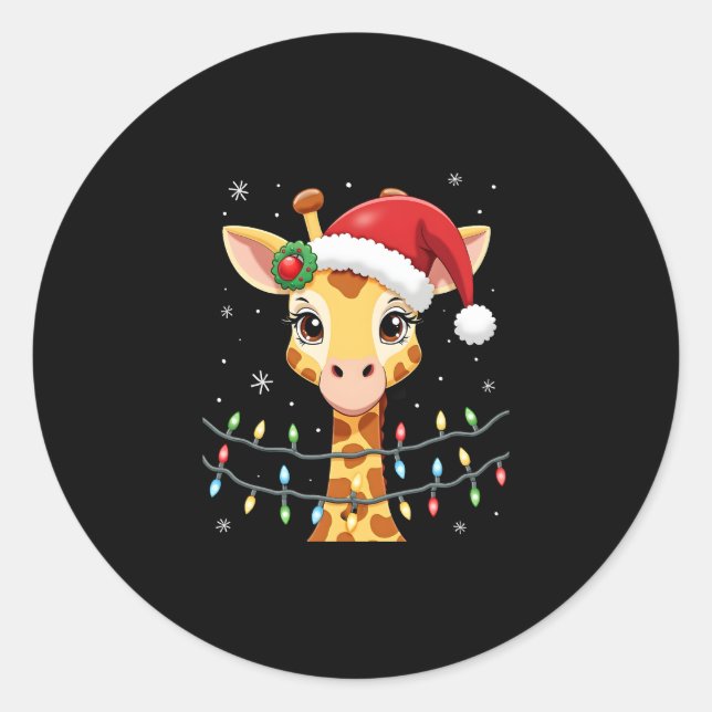 Cute Giraffe Christmas Lights Santa Hat Xmas Pajam Runder Aufkleber (Vorderseite)