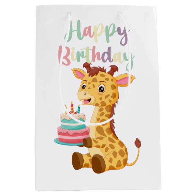 Cute Giraffe Happy Birthday Kids (Personalise) Mittlere Geschenktüte (Vorderseite)