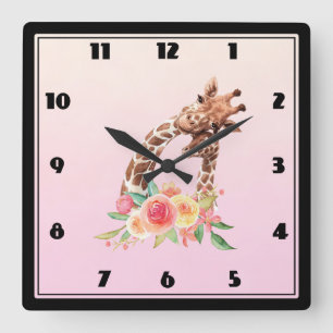Cute Giraffe Watercolor Mom & Baby Quadratische Wanduhr