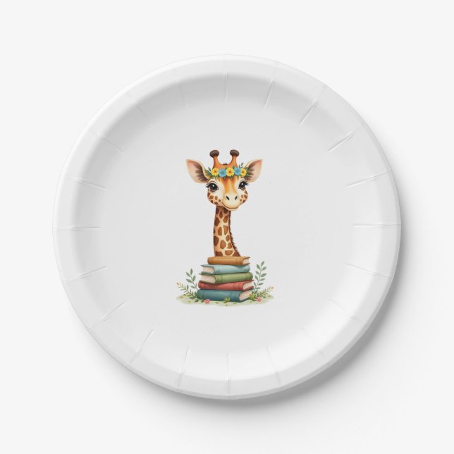 Cute Giraffe With Book Floral Bookworm Librarian B Pappteller (Vorderseite)