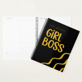 Cute Girl Boss Black and Gold Monogram Year Planer
