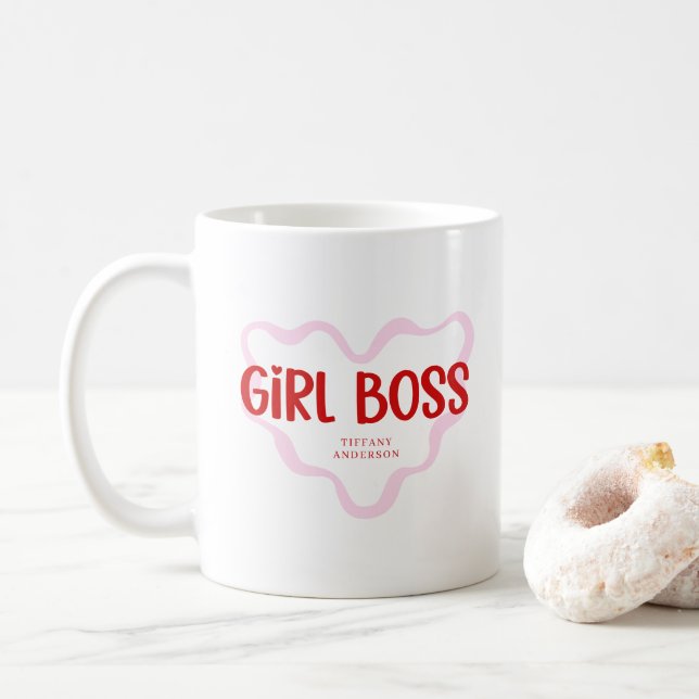 Cute Girl Boss Pink and Red Custom Name Year Kaffeetasse (Mit Donut)