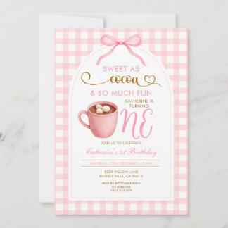 Cute Girl Bow Hot Cocoa 1st birthday Pink Gingham Einladung
