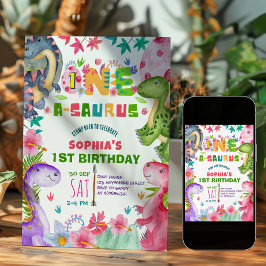 Cute Girl Dinosaur 1st Birthday Invitation Einladung