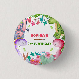 Cute Girl Dinosaur 1st Birthday Party Button