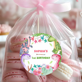 Cute Girl Dinosaur 1st Birthday Party Runder Aufkleber