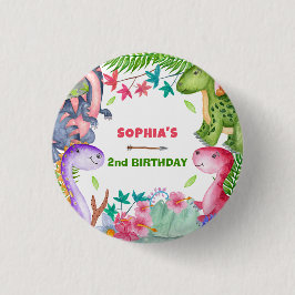 Cute Girl Dinosaur 2nd Birthday Party Button