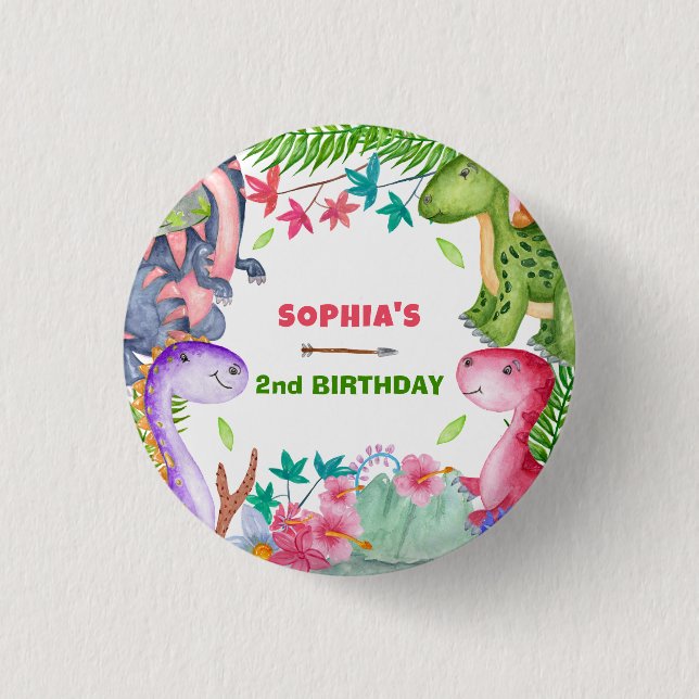 Cute Girl Dinosaur 2nd Birthday Party Button (Vorderseite)