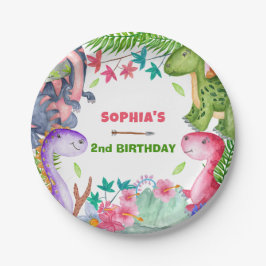 Cute Girl Dinosaur 2nd Birthday Party Pappteller