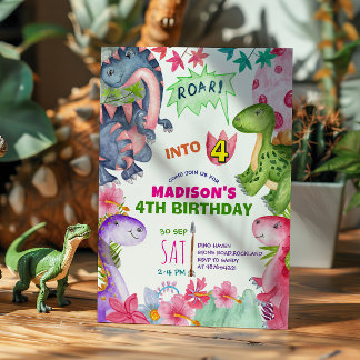 Cute Girl Dinosaur 4th Birthday Invitation Einladung
