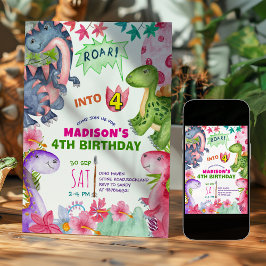 Cute Girl Dinosaur 4th Birthday Invitation Einladung