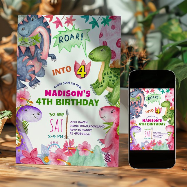 Cute Girl Dinosaur 4th Birthday Invitation Einladung (Von Creator hochgeladen)