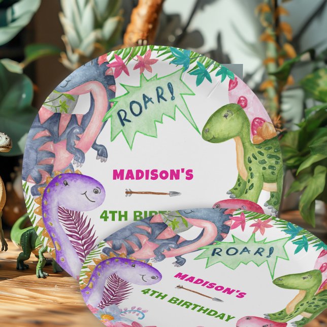 Cute Girl Dinosaur 4th Birthday Party Pappteller (Von Creator hochgeladen)