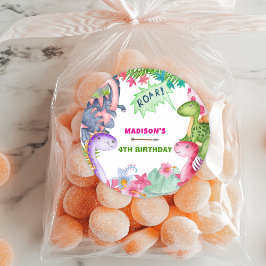 Cute Girl Dinosaur 4th Birthday Party Runder Aufkleber