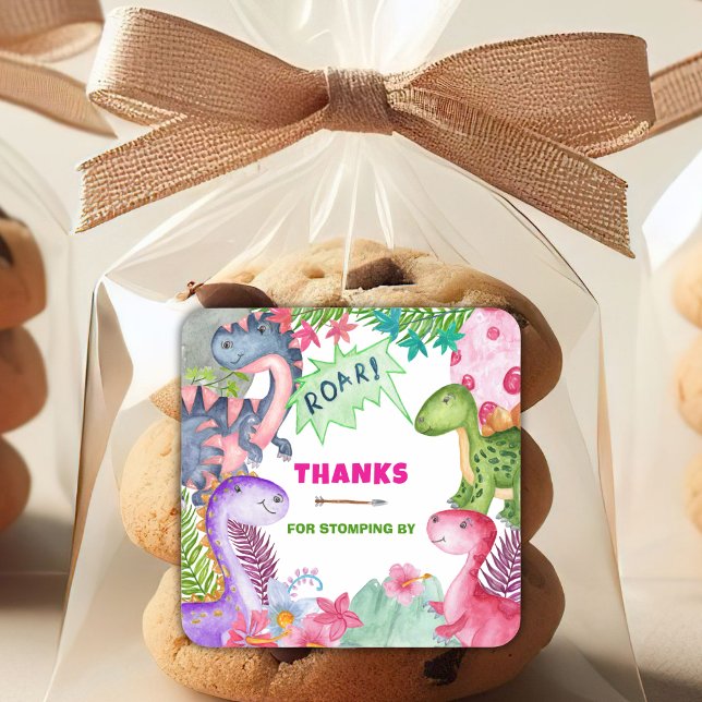 Cute Girl Dinosaur 4th Birthday Thank You Quadratischer Aufkleber (Von Creator hochgeladen)