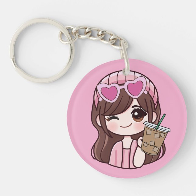 Cute Girl Iced Coffee Keychain Schlüsselanhänger (Vorderseite)