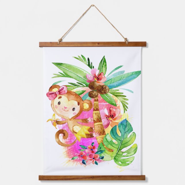 Cute Girl Monkey Climbing Tree Wandteppich Mit Holzrahmen (Vorderseite)