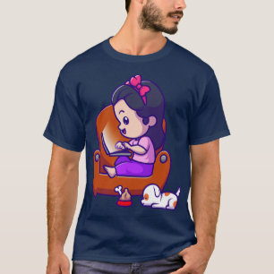 Cute Girl Operating Laptop With Puppy Cartoon T-Shirt