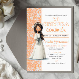 Cute Girl Peach Background Spanish First Communion Einladung