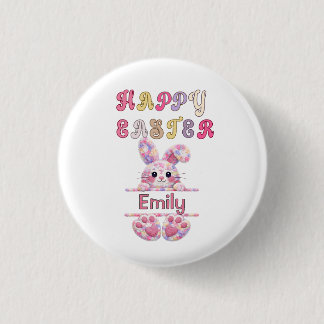 Cute Girl Personalize Happy Easter Bunny Button