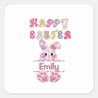 Cute Girl Personalize Happy Easter Bunny Quadratischer Aufkleber