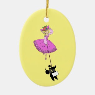 Cute Girl Pink Dress Black Poodle Original Cartoon Keramik Ornament