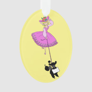 Cute Girl Pink Dress Black Poodle Original Cartoon Ornament