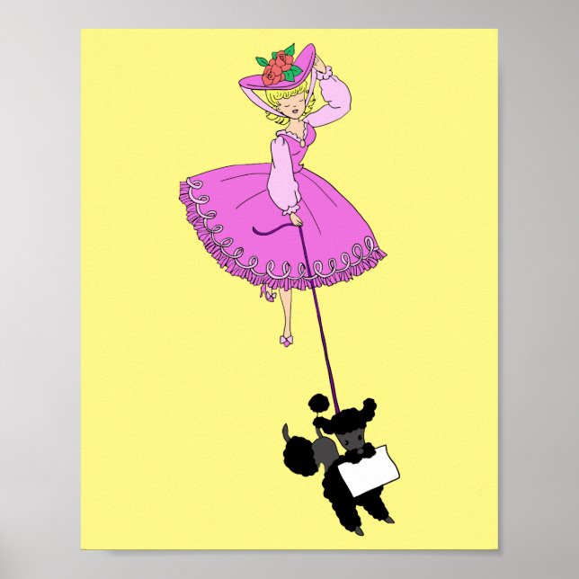 Cute Girl Pink Dress Black Poodle Original Cartoon Poster (Vorne)