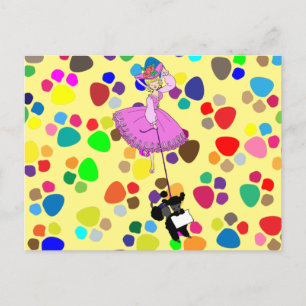 Cute Girl Pink Dress Black Poodle Original Cartoon Postkarte