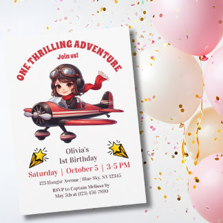 Cute Girl Red Vintage Airplane Kids 1st Birthday Einladung