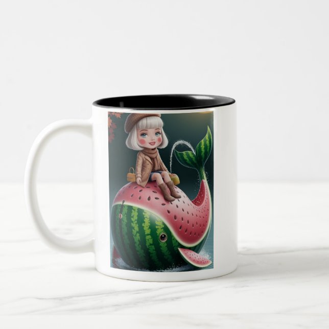 Cute Girl Riding a Watermelon Whale Zweifarbige Tasse (Links)