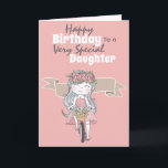 Cute girl riding bicycle daughter birthday wishes karte<br><div class="desc">Eine schöne Abbildung eines Mädchens, das ein rosa Sommerkleid trägt, das ein Fahrrad fährt. Sie hat hübsche, rosa blumengeschmückte Rose in ihren langen, lockeren Haaren und Frühlingsblumen im Korb auf ihrem Fahrrad. Die Wörter, der glückliche Geburtstag einer ganz besonderen Tochter (die in Enkelin, Nichte, Patenkind usw. umgewandelt werden kann) erscheinen...</div>