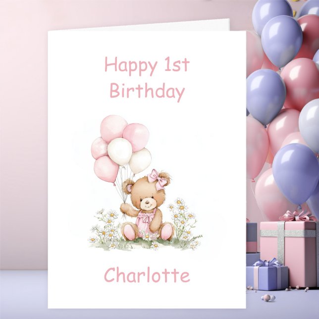 Cute Girl Teddy Bear 1st Birthday Karte (Von Creator hochgeladen)